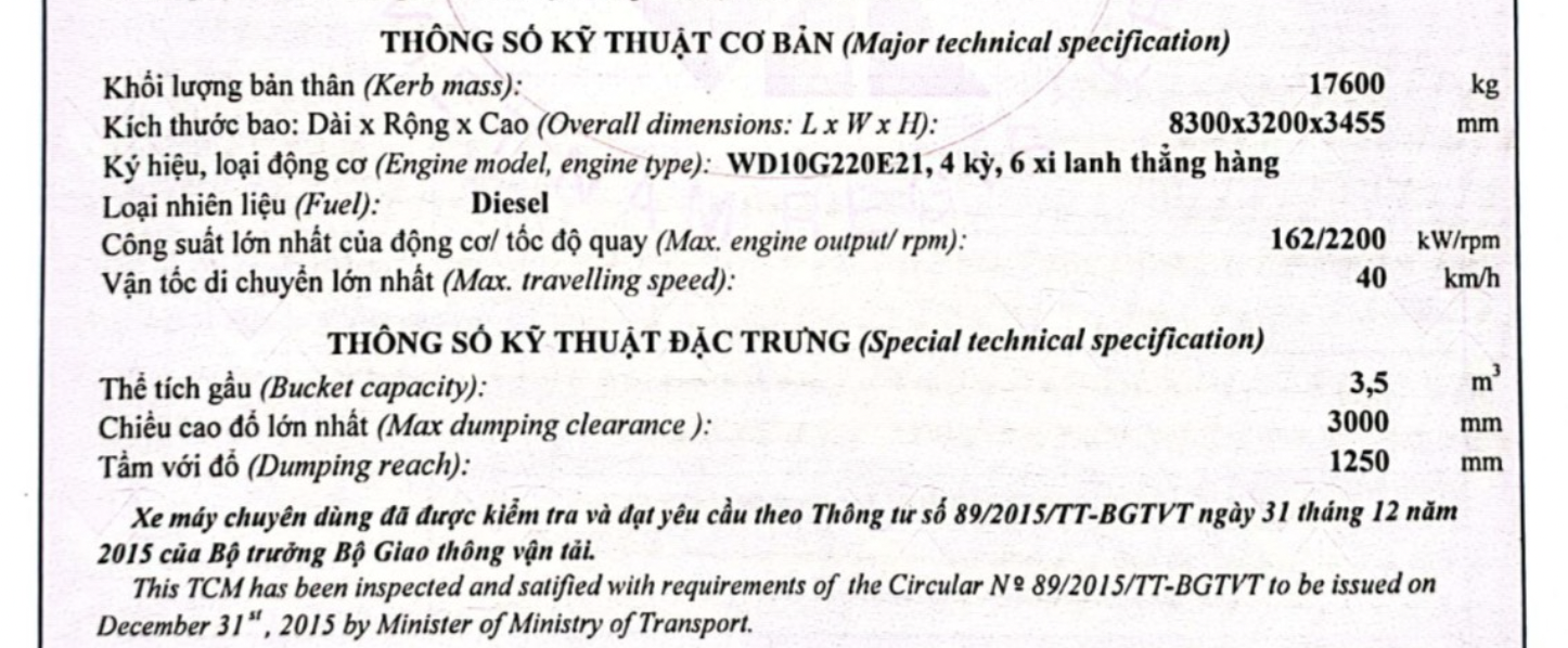 Thông số kỹ thuật chính của máy xúc lật XCMG XC958