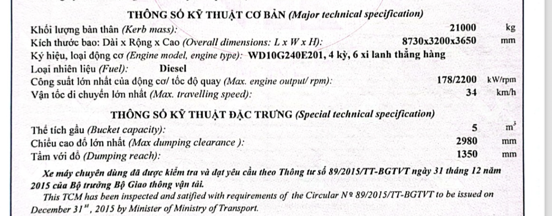 Thông số kỹ thuật chính XCMG LW600KN